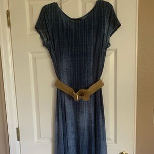 Knee length denim look dress w/belt.